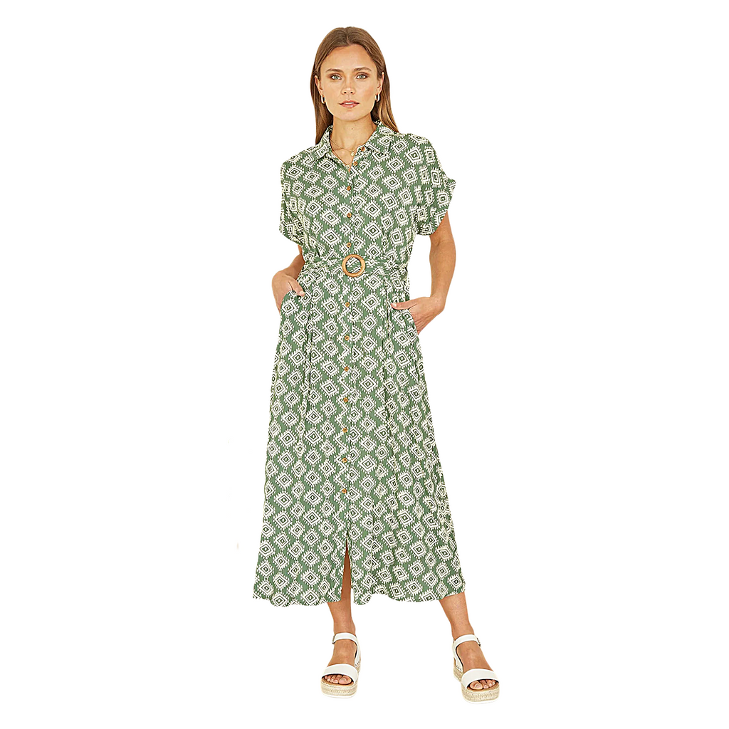 Yumi Green Midi Shirt Dress Belted Button Summer Holiday Viscose Dress - QHA UK