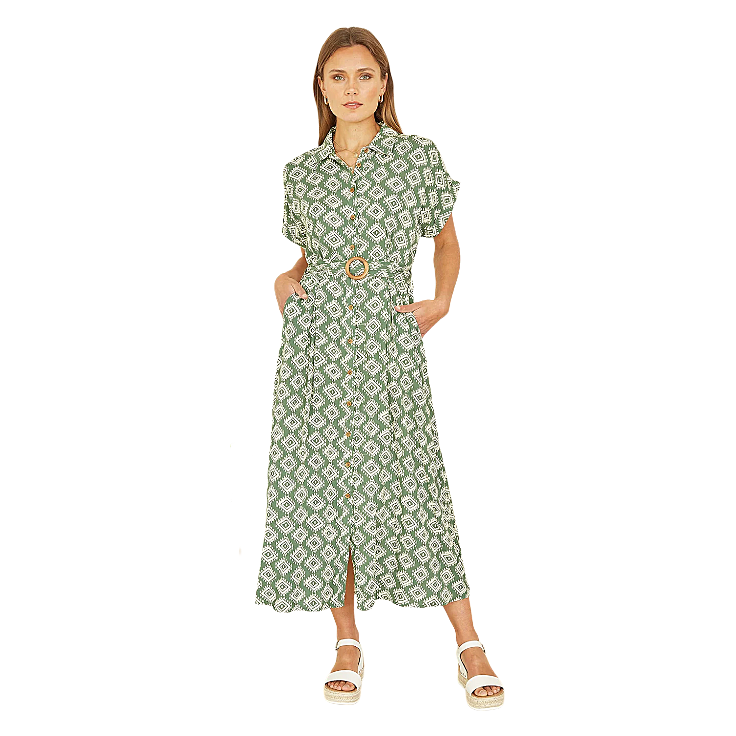 Yumi Green Midi Shirt Dress Belted Button Summer Holiday Viscose Dress - QHA UK
