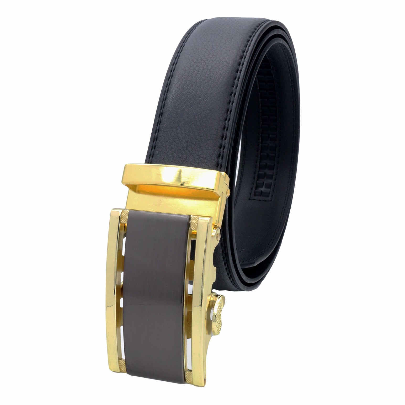 QHA Mens 35mm Ratchet Leather Belt, Black Geometric Automatic Buckle Q5084