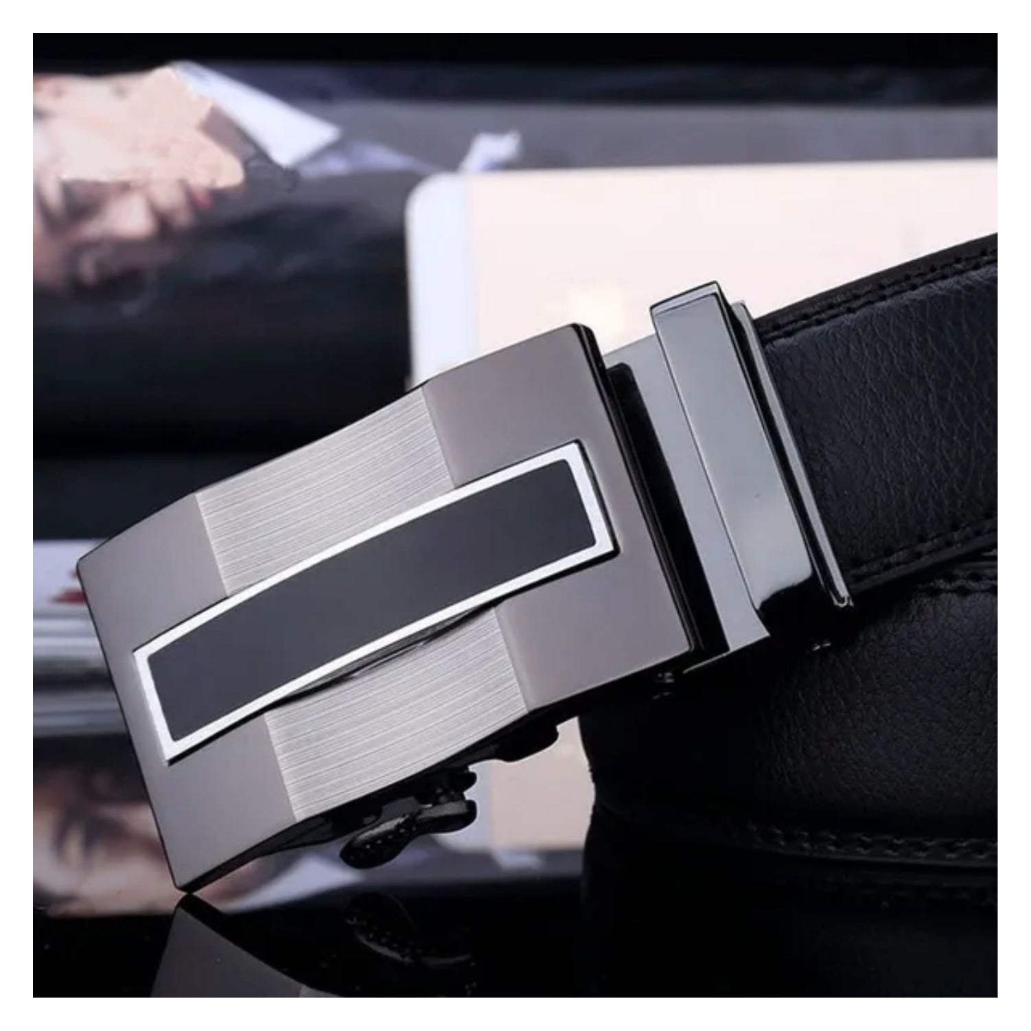 QHA Mens Ratchet Leather Belt Automatic Buckle 35mm Wide Q68