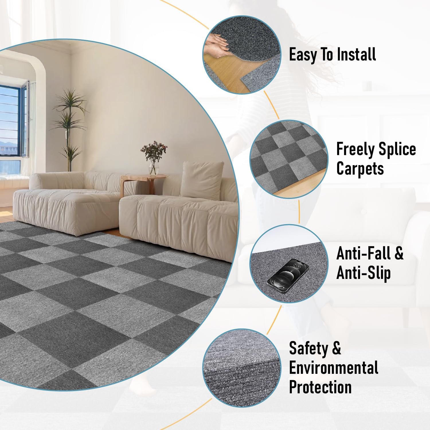 Carpet Tiles 50x50cm 20PCS Heavy Duty Commercial PVC Backing Dark Grey Nisorpa