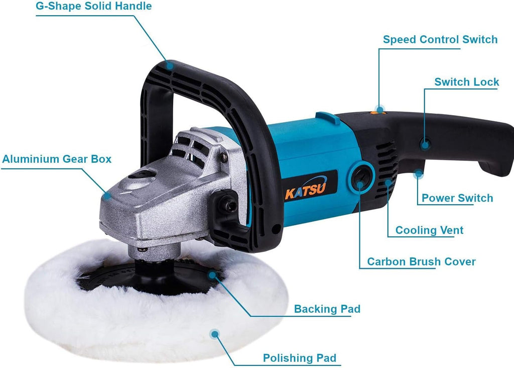 Car Polisher 1200W with 150mm 180mm Pads 20PCS Sponge Set Tool Bag KATSU