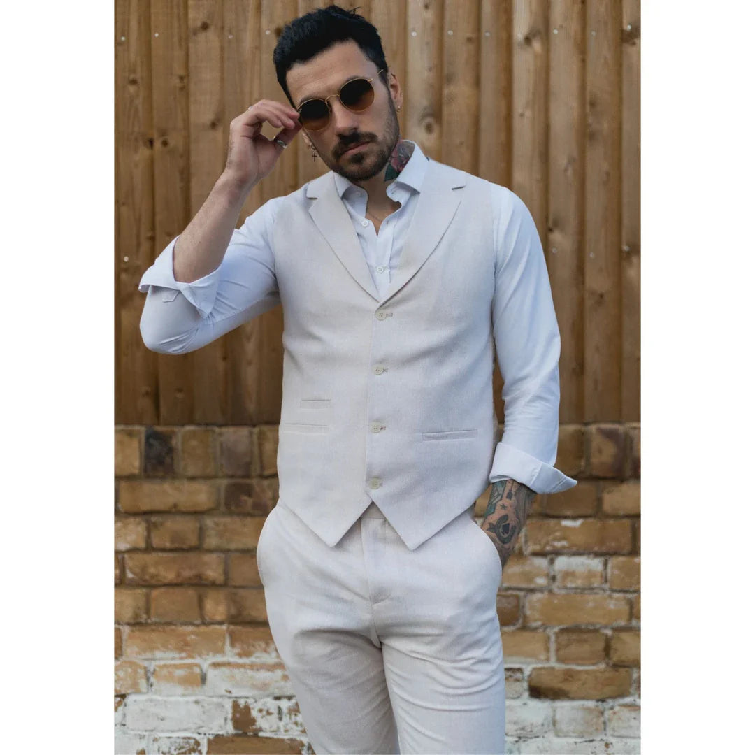 TruClothing Men's Linen 2 Piece Suit Waistcoat Trousers Cream Wedding