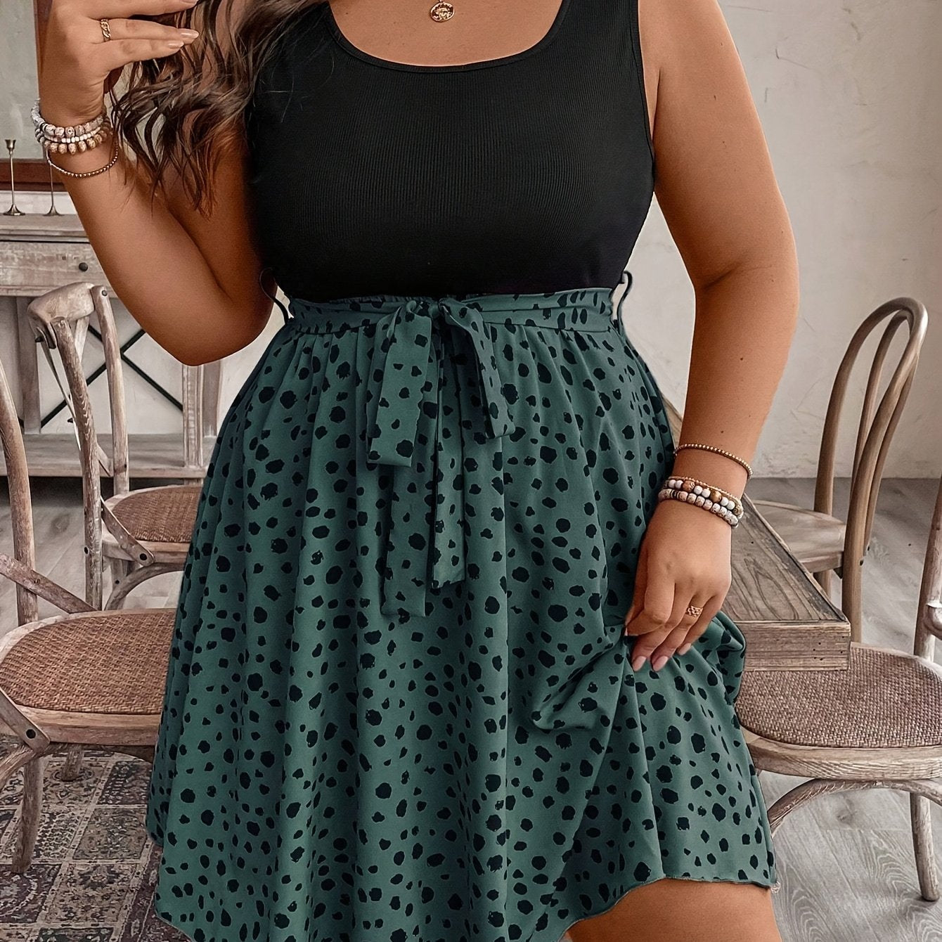 Plus Size Two-Tone Polka Dot Sleeveless Summer Dress with Ruched Detail and Belted Waist Dress