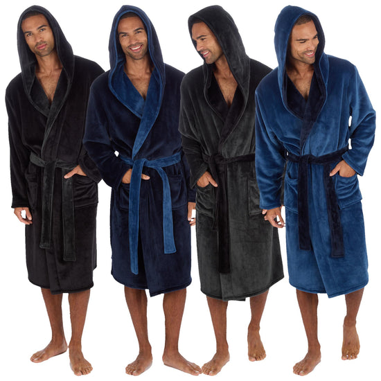 Pierre Roche Men's Hooded Fleece Dressing Gown with Contrast Belt & Pockets