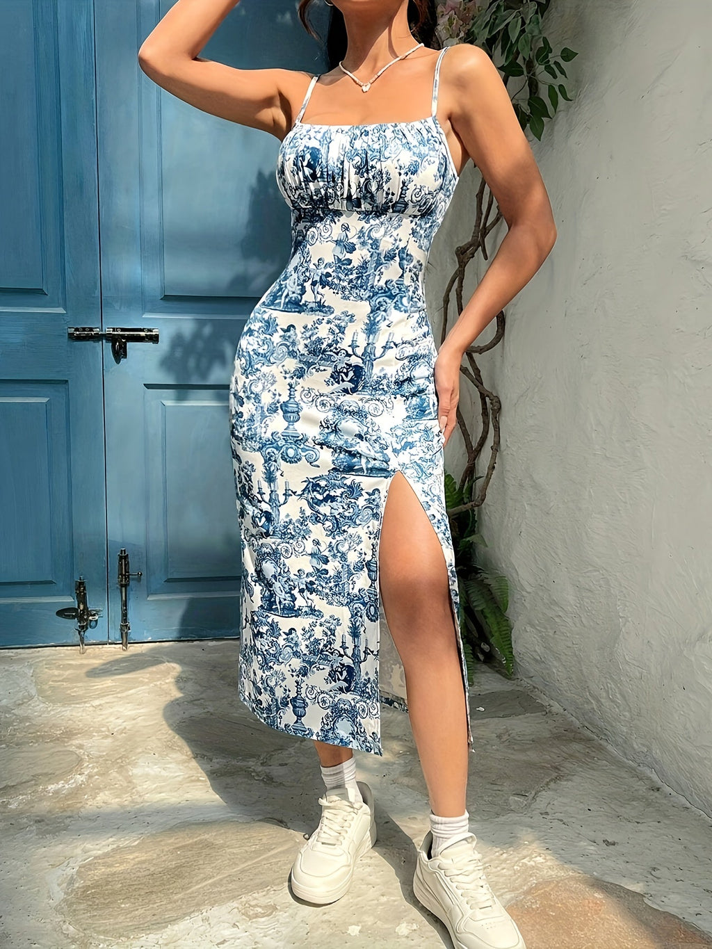 Elegant Floral Print Strap Back Split Dress | Lightweight Polyester & Knit Fabric | 200g/m² | Adult Summer Dress