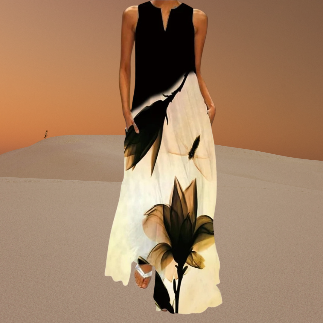 Boho Retro V-Neck Sleeveless Maxi Dress – Artistic Summer Long Dress for Women