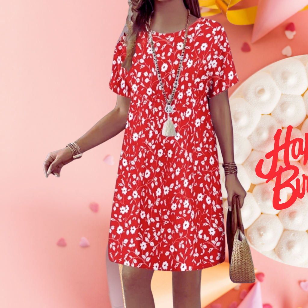 Boho 3D Flower & Feather Print Dress – Women's Loose Fit Summer Mini Dress with Short Sleeves