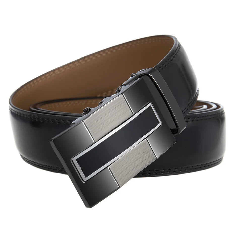 QHA Mens 35mm Ratchet Leather Belt, Gunmetal Vertical Inlay Automatic Buckle Q68