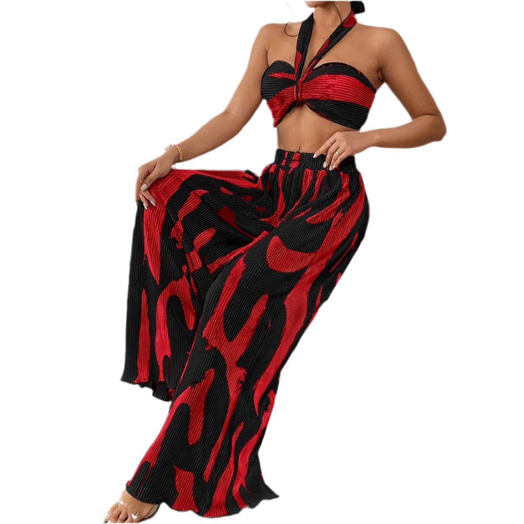 Halter Tube Top & Flame Print Wide-Leg Pants Set – Bold Streetwear 2-Piece Outfit