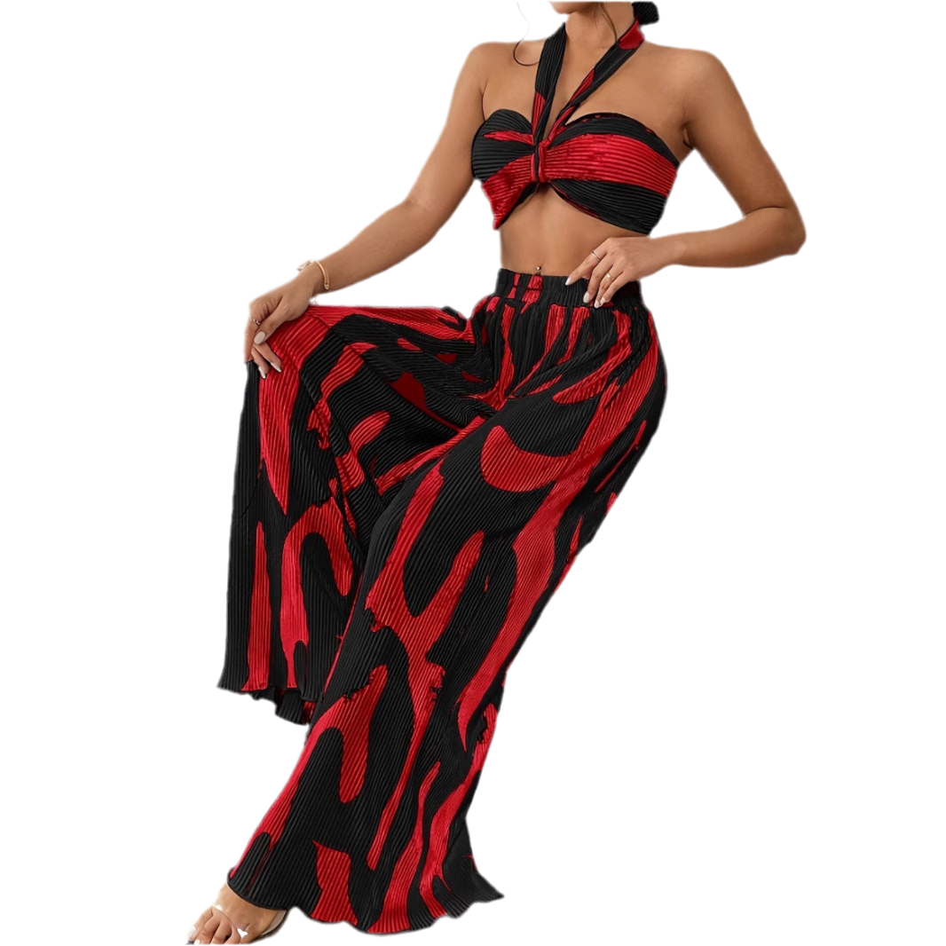 Halter Tube Top & Flame Print Wide-Leg Pants Set – Bold Streetwear 2-Piece Outfit