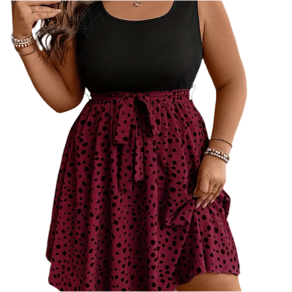 Plus Size Two-Tone Polka Dot Sleeveless Summer Dress with Ruched Detail and Belted Waist Dress