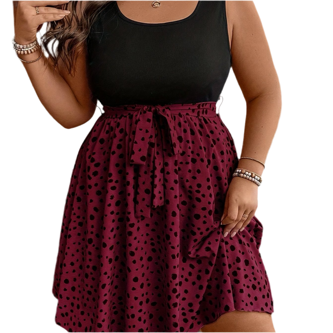 Plus Size Two-Tone Polka Dot Sleeveless Summer Dress with Ruched Detail and Belted Waist Dress