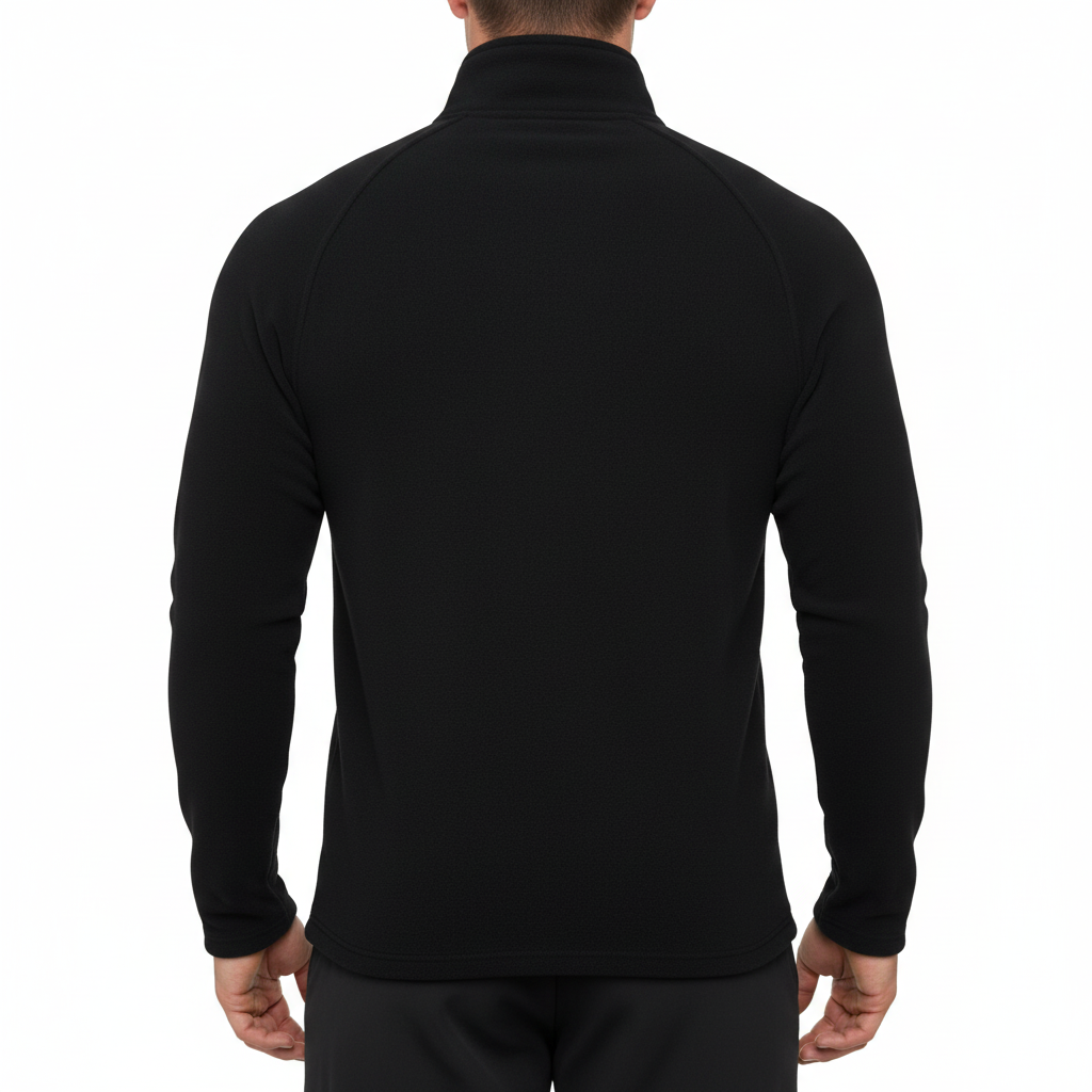 A black long-sleeve mock neck or turtleneck top shown from the back, photographed on a clean white background.