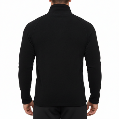A black long-sleeve mock neck or turtleneck top shown from the back, photographed on a clean white background.