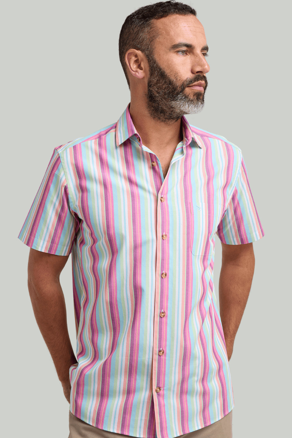 Double TWO Roman Stripe Short Sleeve Shirt For Men in Multi, M-5XL