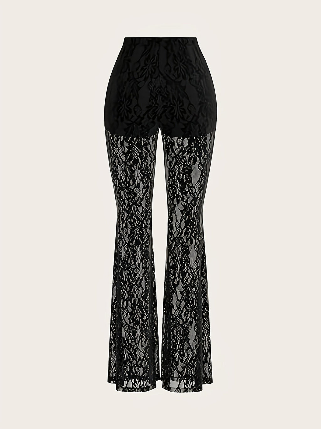 High-Waist Lace Mesh Bell Bottoms - Sheer, Stretchy Flared Trousers for Women