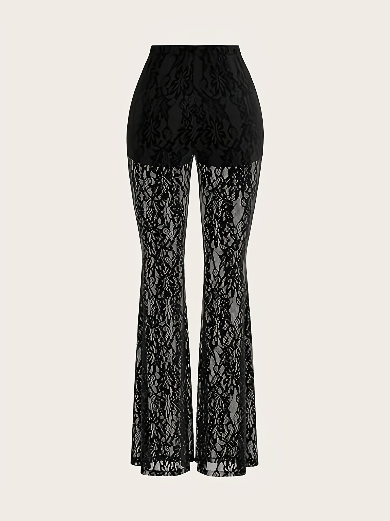 High-Waist Lace Mesh Bell Bottoms - Sheer, Stretchy Flared Trousers for Women