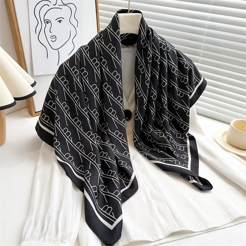 Women's Premium Twill Silk Scarf, Large Printed 90/90cm Striped Square Scarf