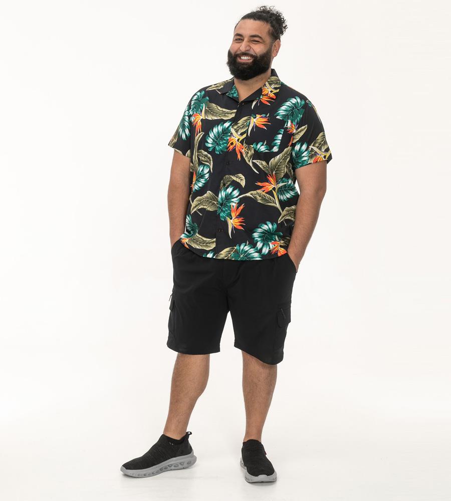 D555 SELBY Black Hawaiian Print Short Sleeve Shirt For Men in Black, 2XL-8XL