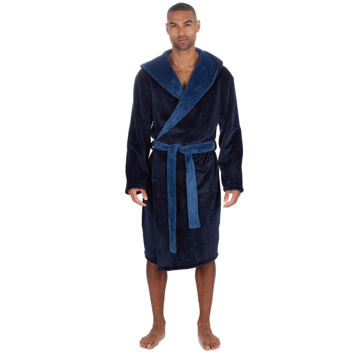 Pierre Roche Men's Hooded Fleece Dressing Gown with Contrast Belt & Pockets