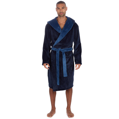 Pierre Roche Men's Hooded Fleece Dressing Gown with Contrast Belt & Pockets