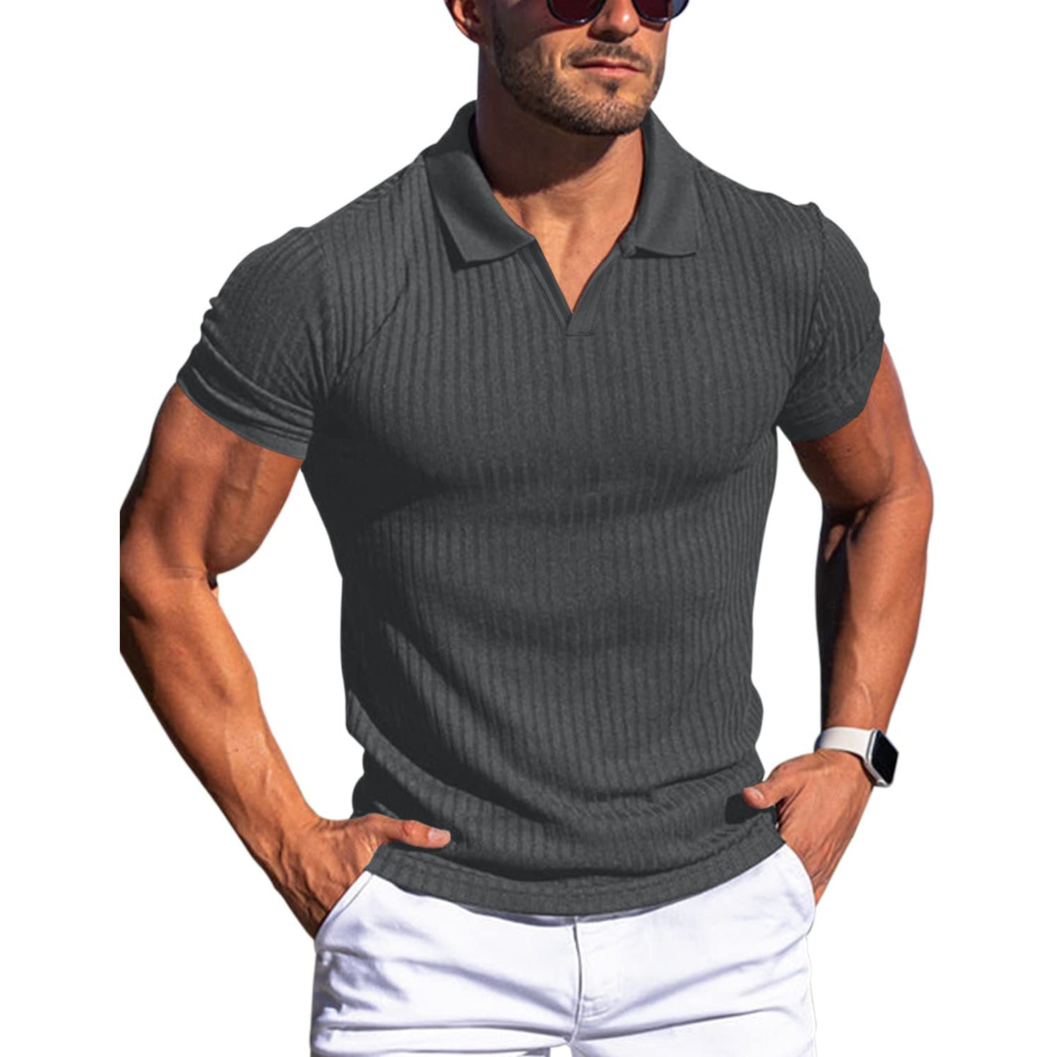Men’s Vertical Stripe Polo Shirt V-Neck Short Sleeve Lapel Casual T-Shirt
