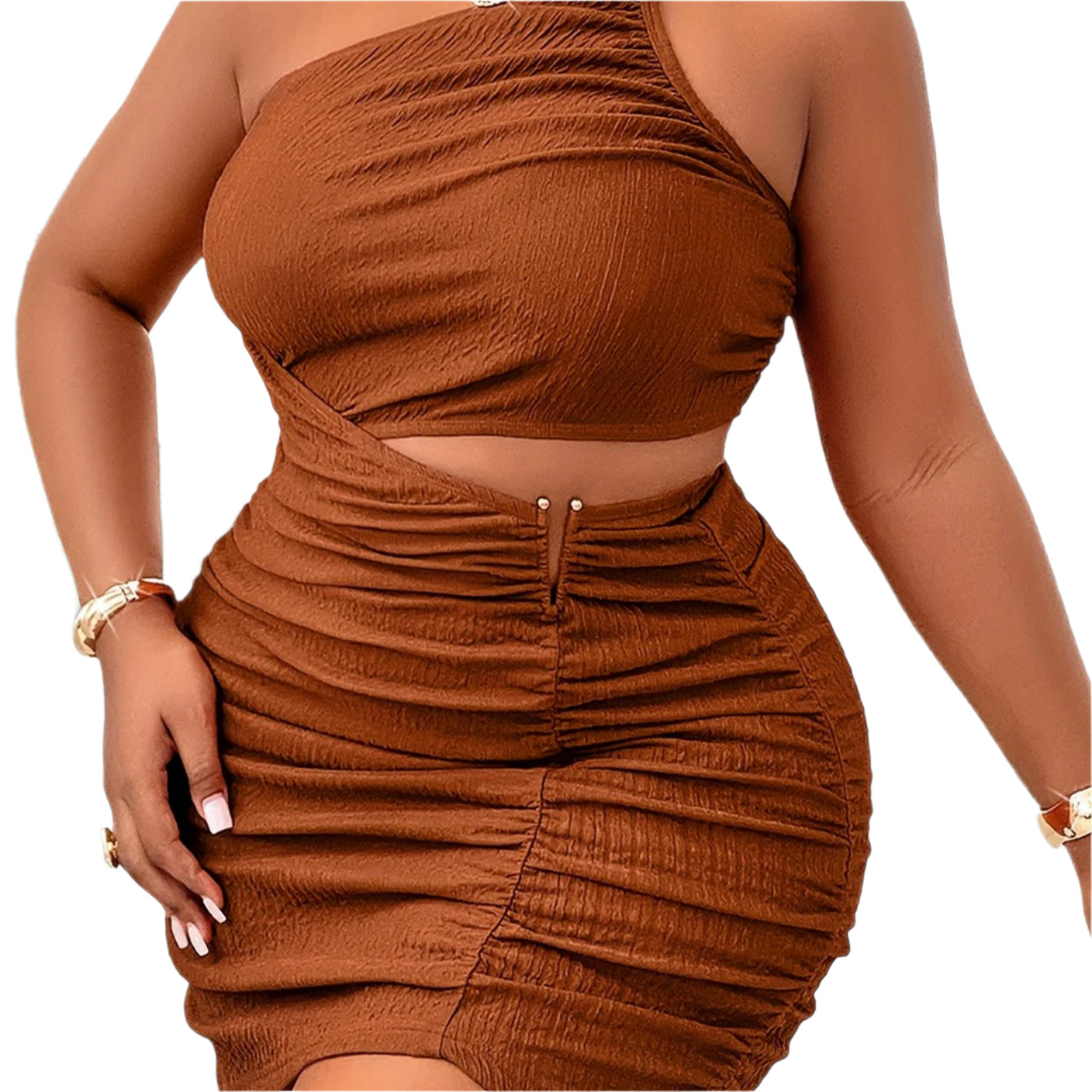 Women's Plus Size One-Shoulder Textured Finish, Golden Chain Detail, Ruched Waist, Bodycon Fit Dress