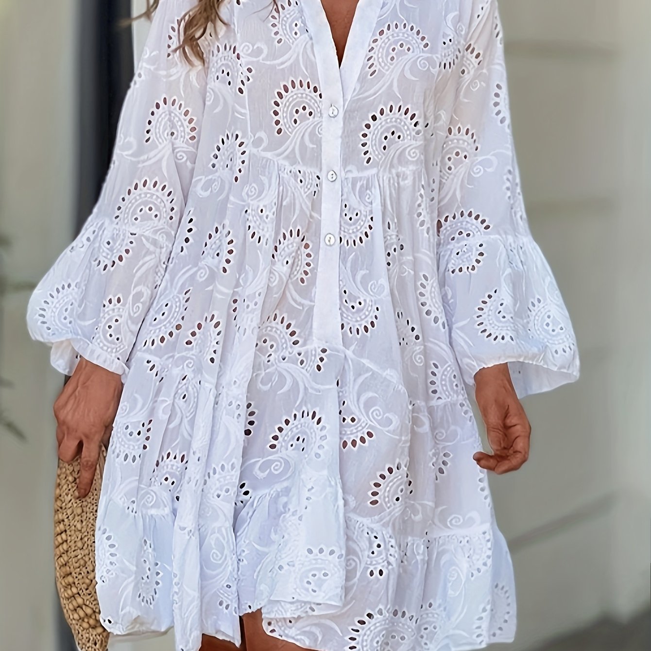 European And American Women's Spring And Summer Solid Color V-Neck Loose Hollow Sexy Dress Nian Nian