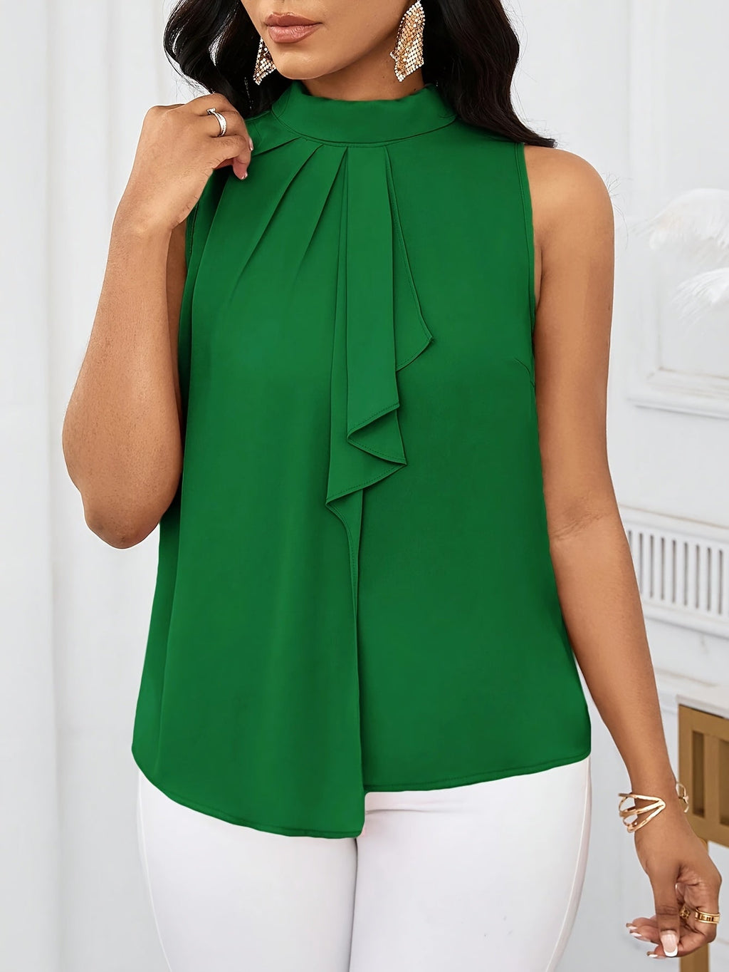 Women's High Neck Sleeveless Top – Solid Color with Lace-Up Detail