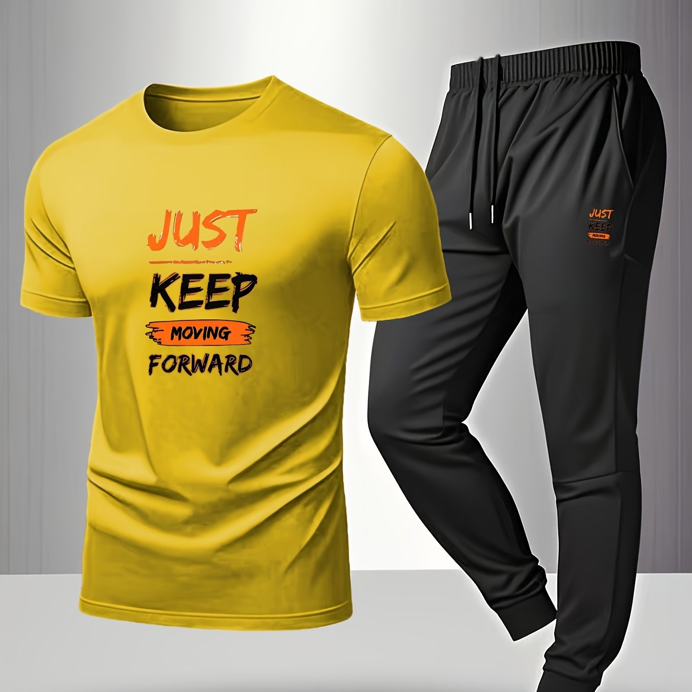 Men’s Breathable Athletic Set – White “Just Keep Moving” T-Shirt & Black Joggers