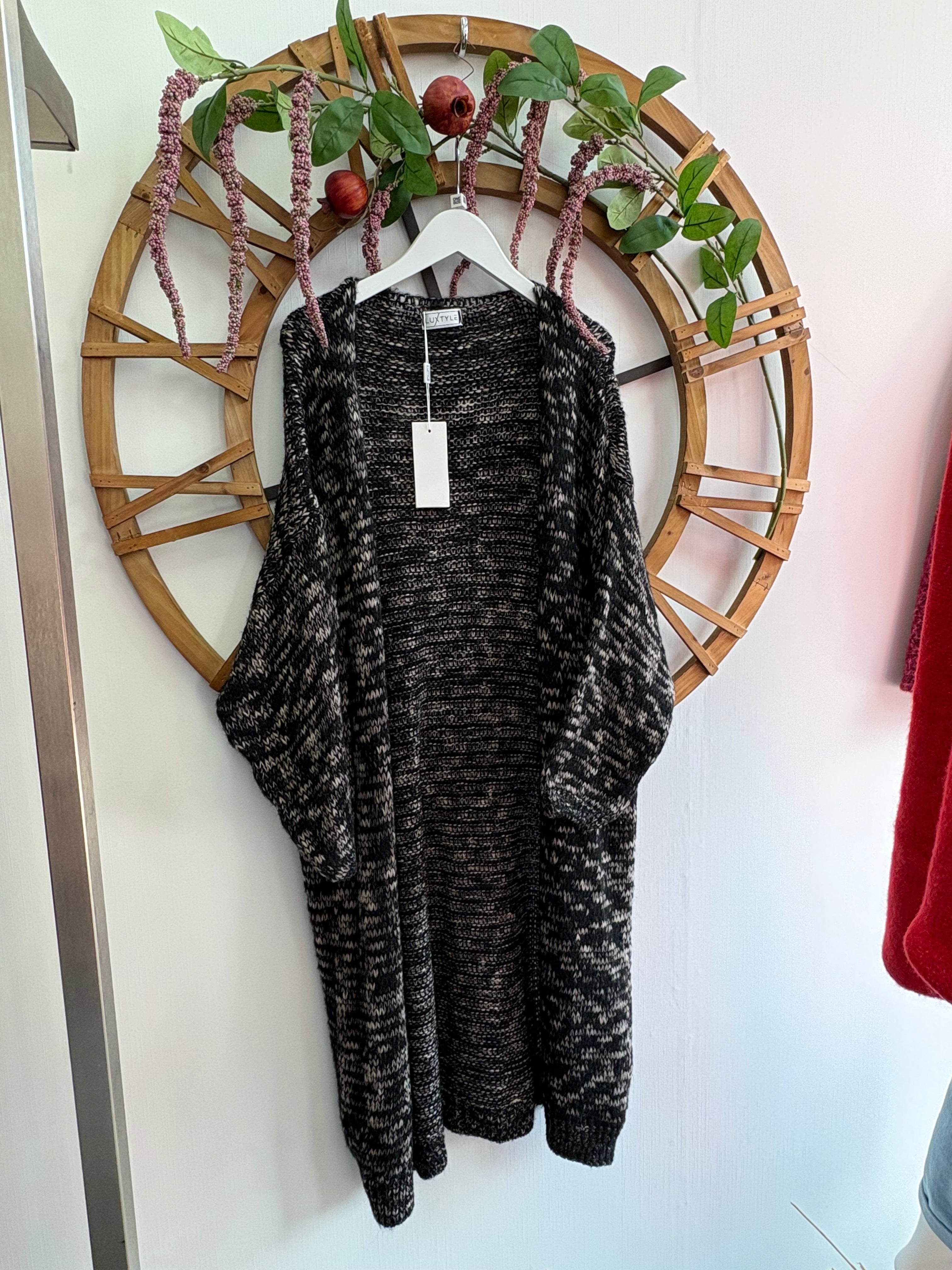 Luxtyle Black & Taupe Longline Knit Cardigan – One Size fits up to 18