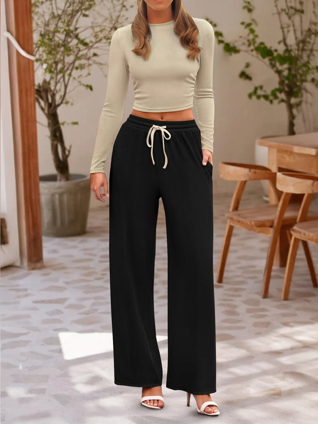 Round Neck Long Sleeve Top and Pants Set