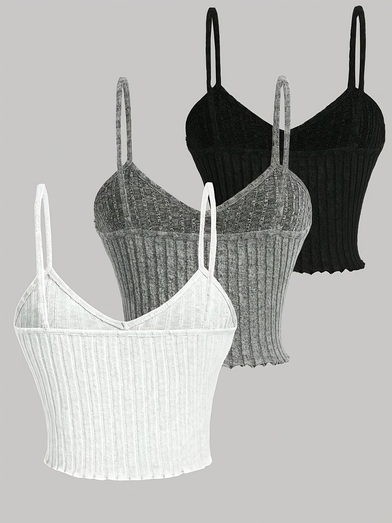 3pcs Elegant Solid Color Women's Cami Tops - Ribbed V-Neck, Sleeveless Spaghetti Strap Stretchy Top