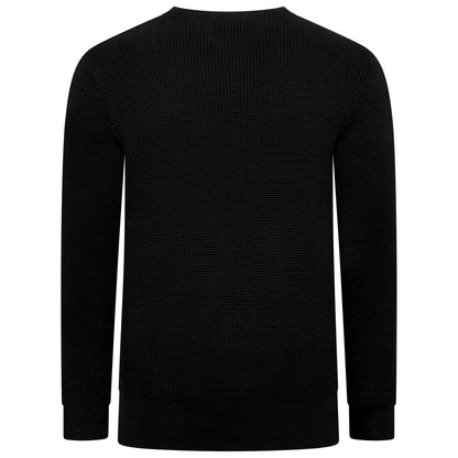 A black long-sleeve crewneck sweater with a textured waffle knit pattern, shown from the back on a solid white background.