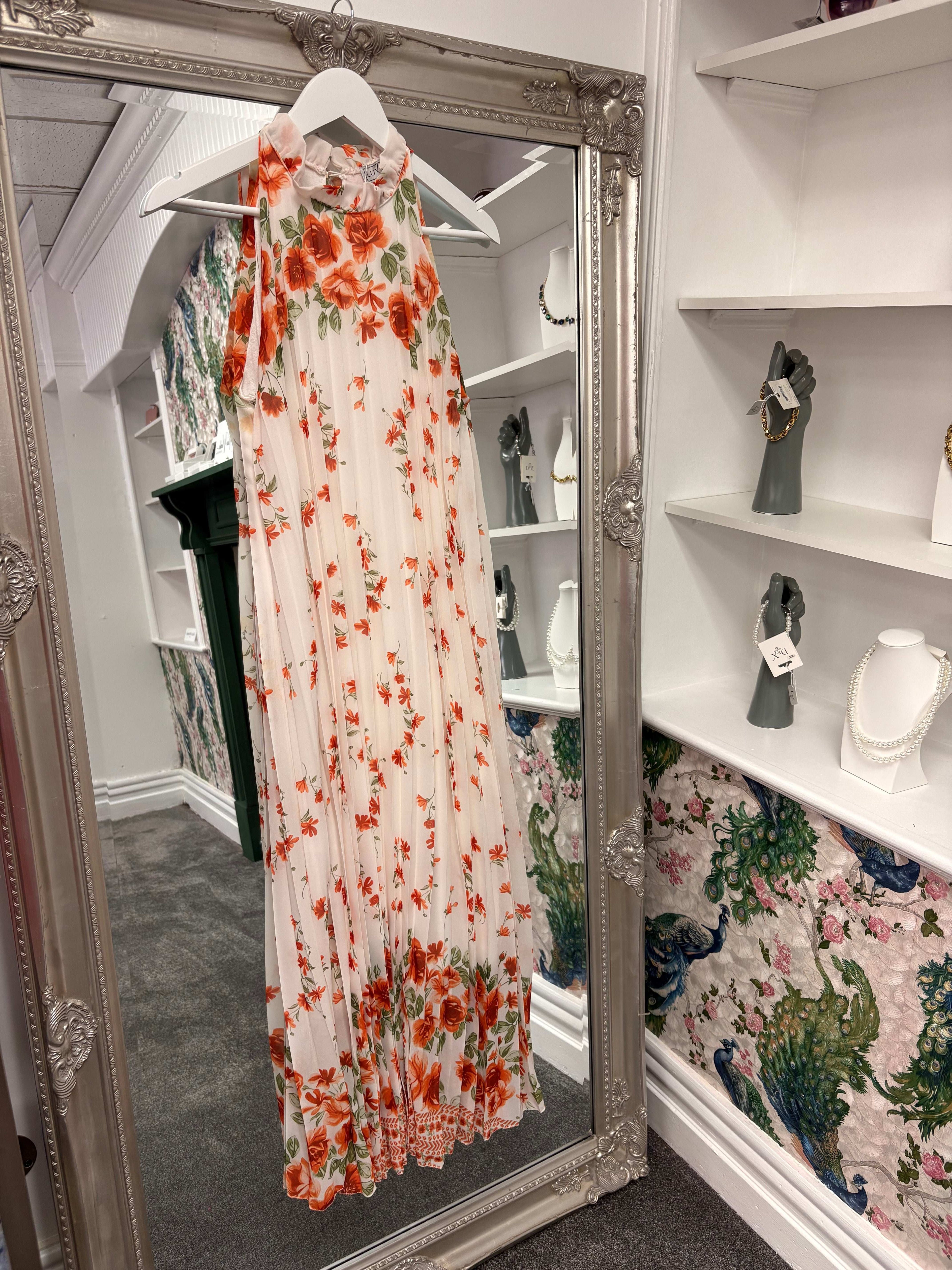 Luxtyle High Neck Pleated Orange Flower Dress – One Size (8–20)