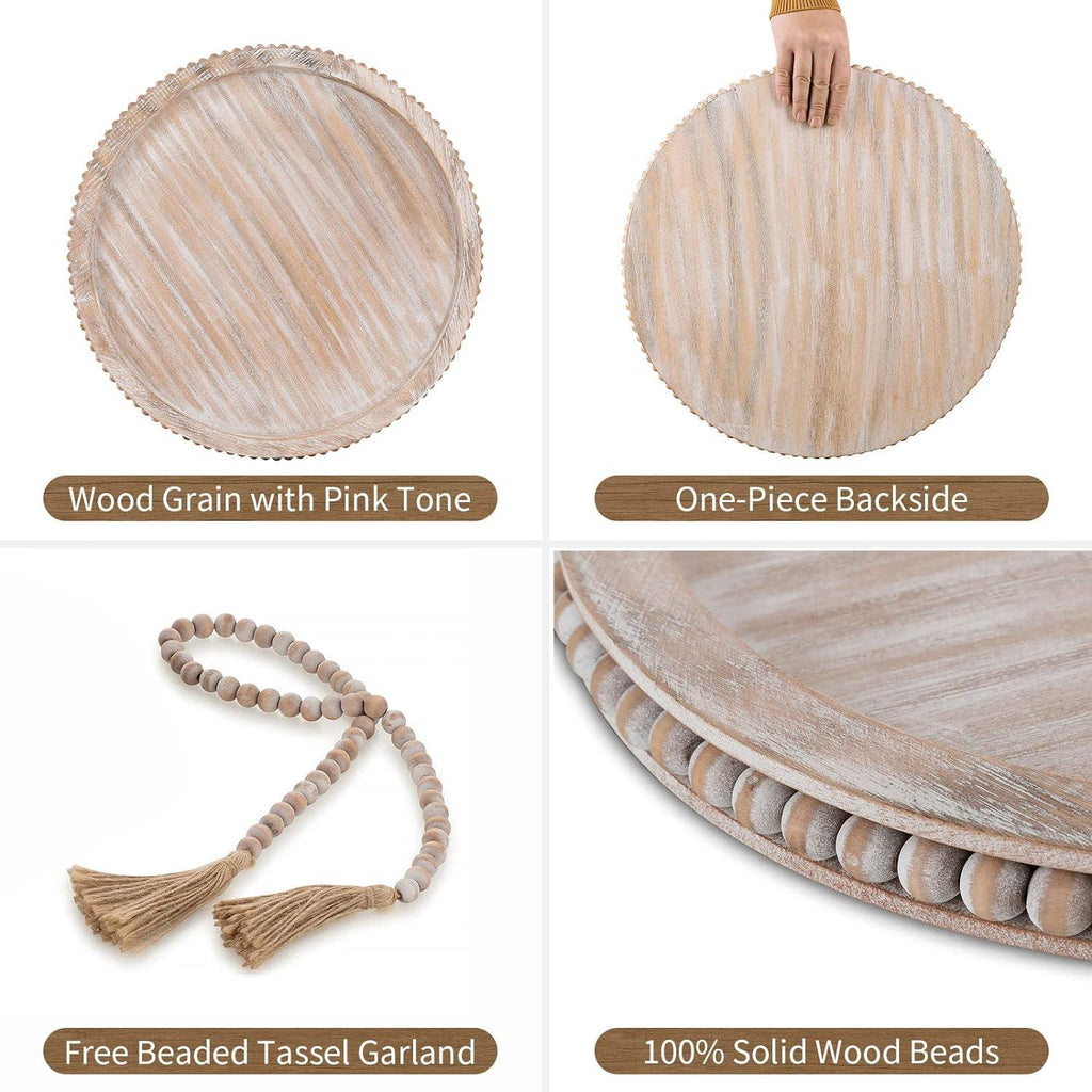 Round Decorative Wooden Tray 18 Inch Beaded Table Centerpiece HANOBE