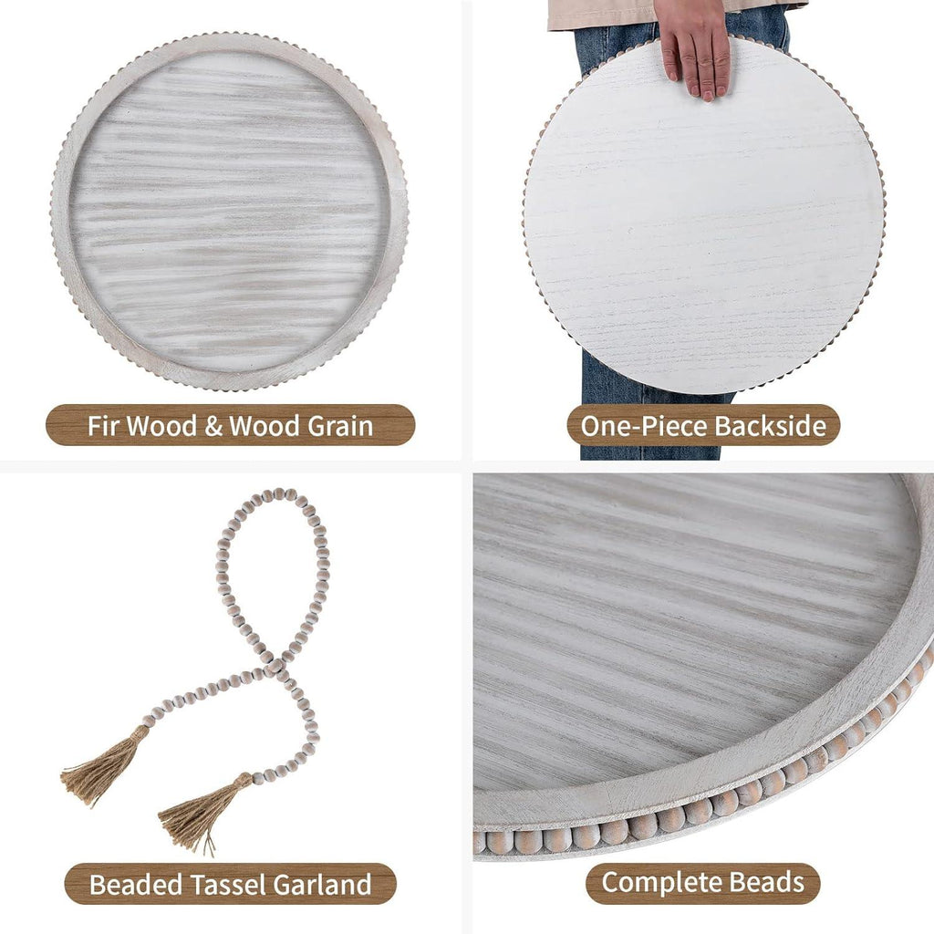 Round Decorative Wooden Tray 18 Inch Beaded Table Centerpiece HANOBE