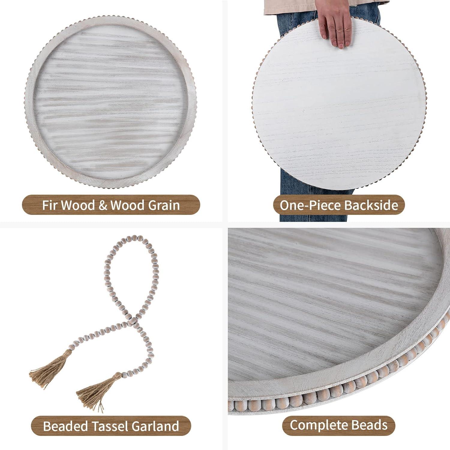 Round Decorative Wooden Tray 18 Inch Beaded Table Centerpiece HANOBE