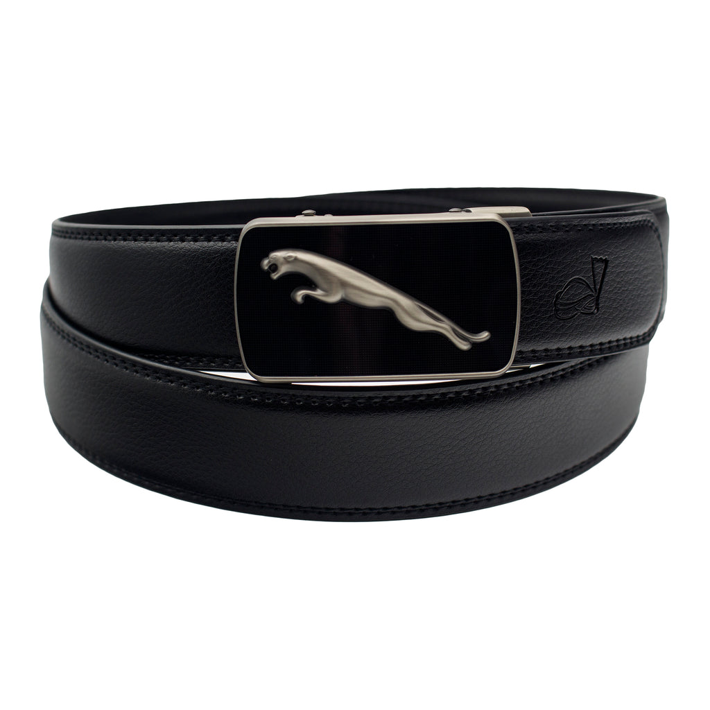 QHA Mens 35mm Ratchet Leather Belt, Matte Silver Jaguar Automatic Buckle Q65