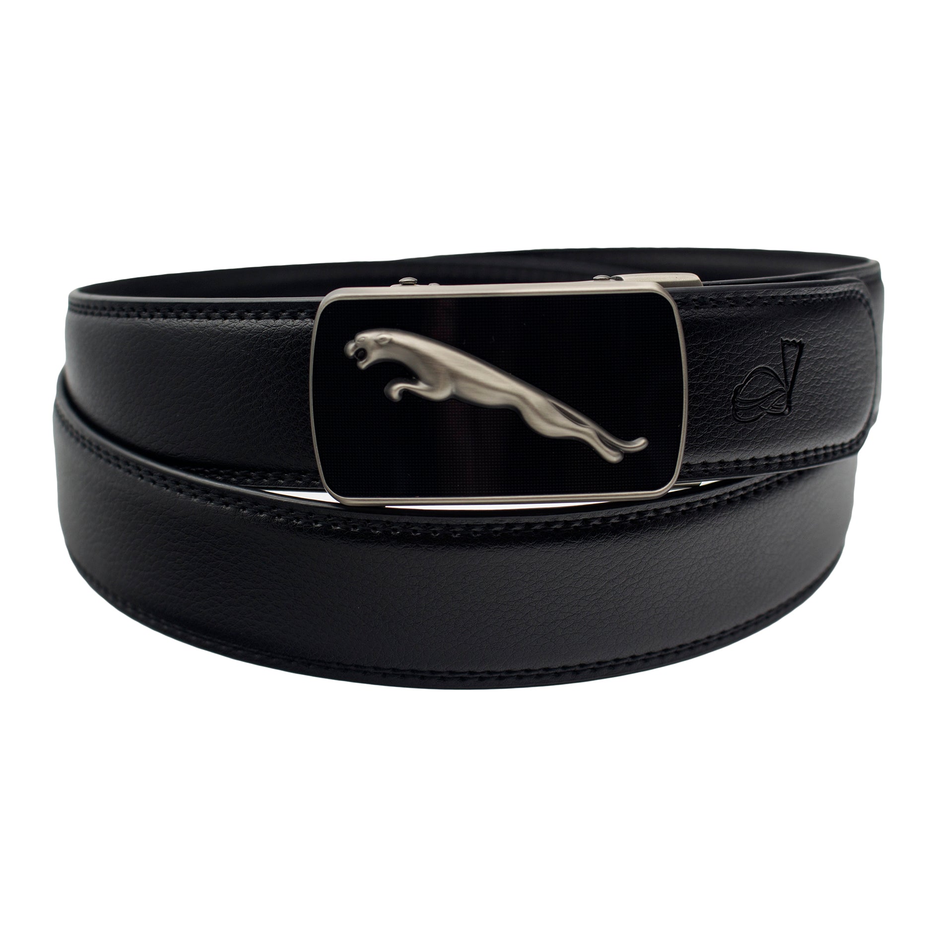 QHA Mens 35mm Ratchet Leather Belt, Matte Silver Jaguar Automatic Buckle Q65