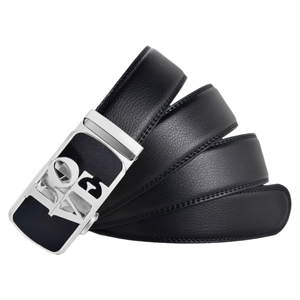 QHA Womens 35mm Ratchet Split Leather Belt, "LOVE" Buckle Q61