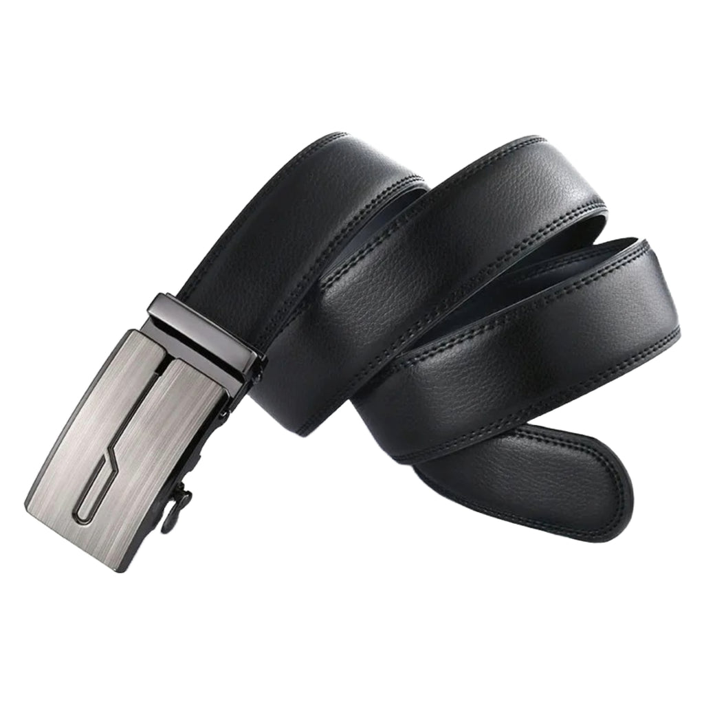 QHA Mens 35mm Ratchet Leather Belt, Brushed Silver J-Line Automatic Buckle Q67