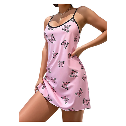 Womens Butterfly Print Nightdress Spaghetti Strap Summer Slip Nightie - QHA UK