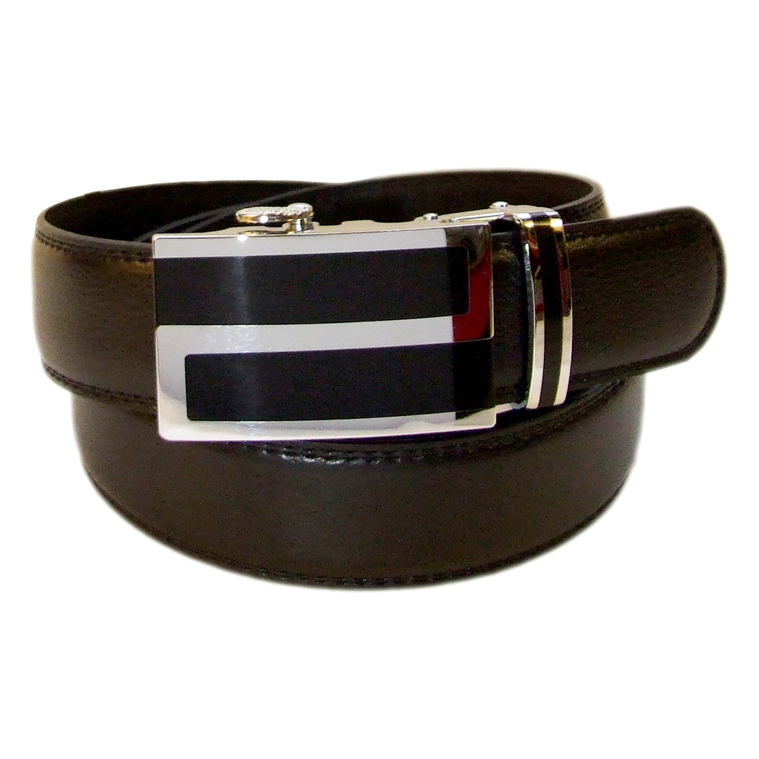 QHA Mens 35mm Ratchet Leather Belt, Silver Stripe Automatic Buckle Q5089