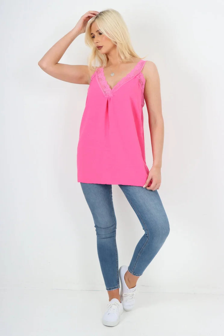 Italian V Neck Lace Detail Vest Top | One Size Fits 8–18 UK