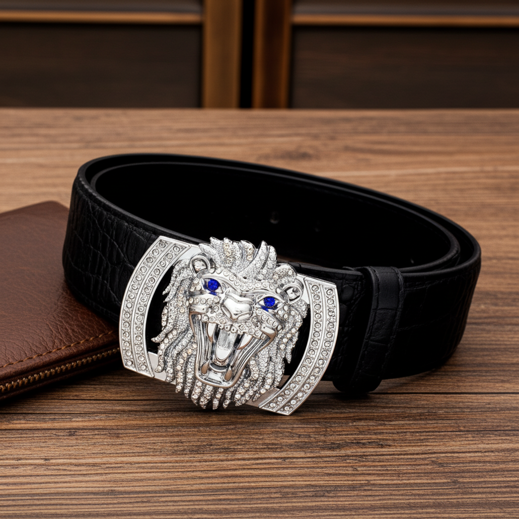 Mens Designer Leather Belt Lion Diamond Buckle 38mm Wide Q74