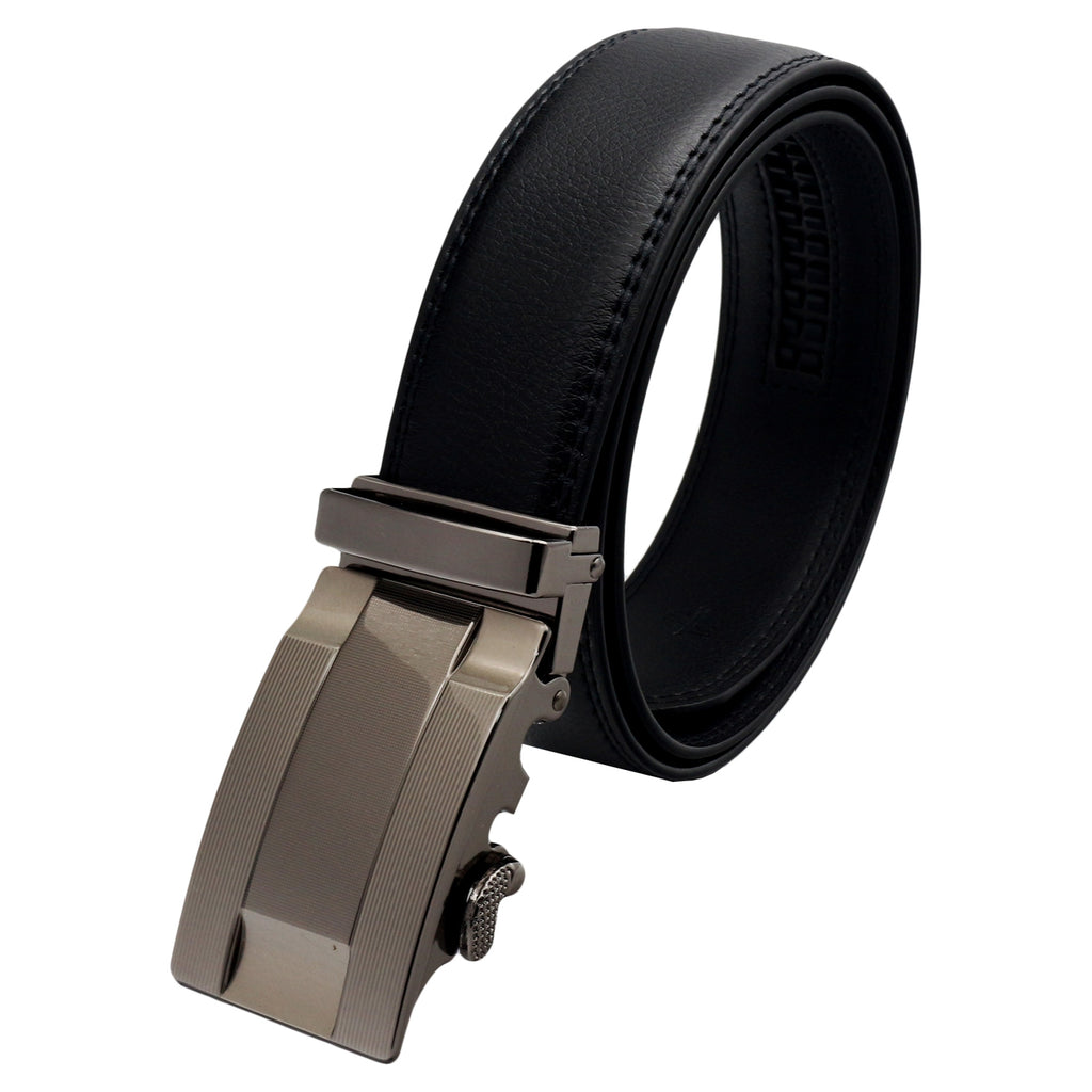QHA Mens 35mm Ratchet Leather Belt, Triple Stripe Gunmetal Buckle Q5087