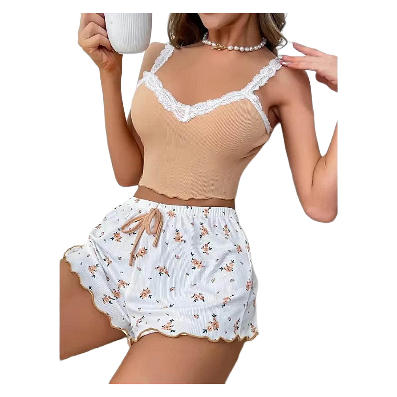 Women Lace Cami Pyjama Set Pink V-Neck Sleepwear Shorts Loungewear
