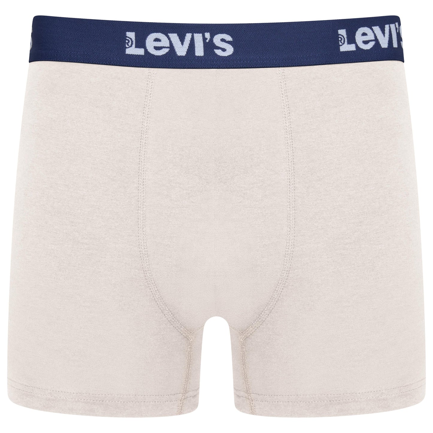Levi's men's boxer briefs in a light heather cream/off-white color, featuring a navy blue elastic waistband with the white Levi's logo printed on both sides.